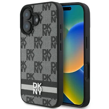 DKNY iPhone 16 Case Checkered Pattern & Printed Stripes, Black