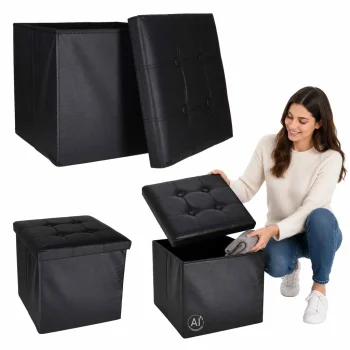 Folding Storage Ottoman Footstool 38 x 38 x 36 cm Faux Leather, Black