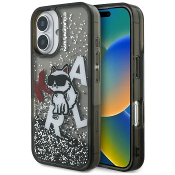 Karl Lagerfeld Liquid Glitter Choupette Logo iPhone 16 dėklas, juodas