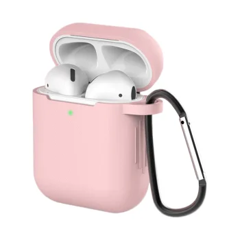 Silikoninis dėklas ausinėms AirPods 2 / AirPods 1 su karabinu, rožinis