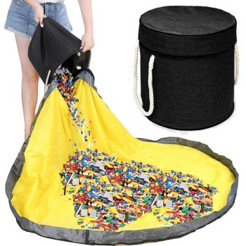 Toy Storage Basket with Play Mat, Organizer with Lid and Handles, Black