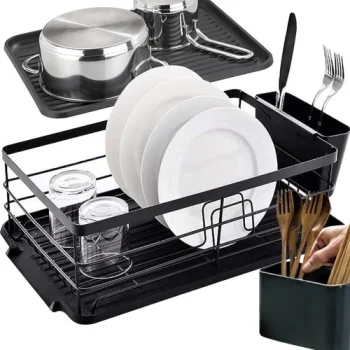 Ruhhy 21992 Dish Drainer with Drip Tray and Cutlery Holder, Black