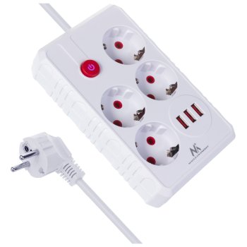 Maclean MCE393 W Power Strip, 4 Outlets + 3xUSB, 2500W, 3m, White