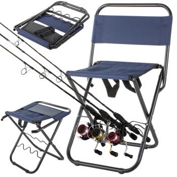 Folding fishing chair with backrest and rod holder, blue