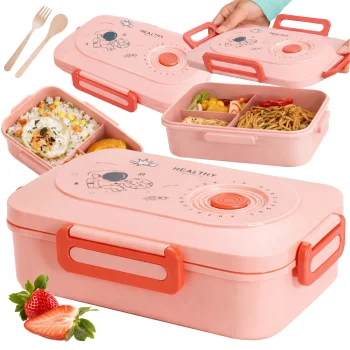 Pink Lunch Box with 3 Compartments and Cutlery