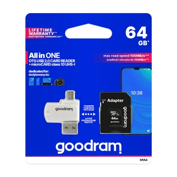 GoodRam 64GB microSDHC Memory Card Class 10 UHS-I with Adapter and Reader, Black