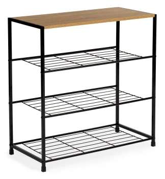 Shoe Rack ModernHome 3-Tier Industrial Stand with Wood Top for Entryway, Black