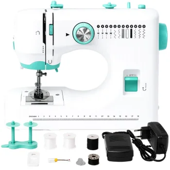 Electric Sewing Machine with 12 Stitches and Accessories, White-Turquoise