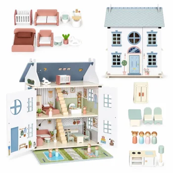 ECOTOYS Lily wooden dollhouse with 3 floors, furniture and figures