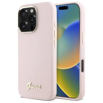 Guess iPhone 16 Pro Case Silicone Script Metal Logo & Frame, Pink