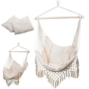 Boho Style Brazilian Hanging Hammock Chair with Cushions, Beige
