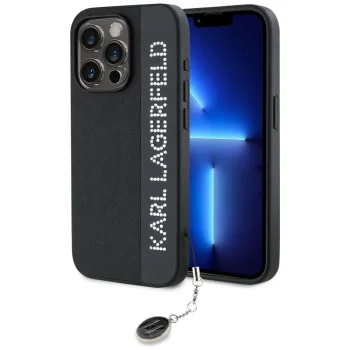 Karl Lagerfeld iPhone 15 Pro Max Case Saffiano Rhinestones & Charm, Black