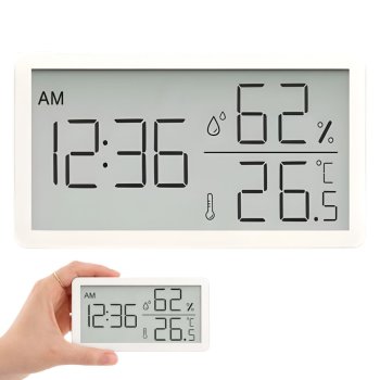 Digital Thermometer and Hygrometer with Clock LCD Display, White
