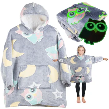 Glow-in-the-Dark Hoodie Blanket for Kids, Oversized Wearable Blanket, Grey with Owls