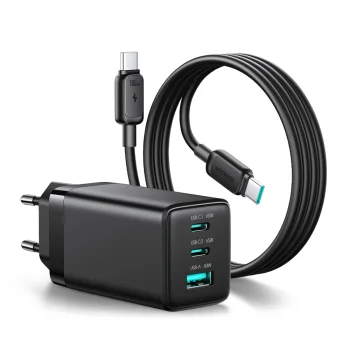 Joyroom JR-TG10 65W GaN Wall Charger, 2x USB-C + USB-A and 1.2m USB-C Cable, Black