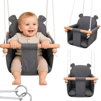 Baby Swing with Soft Fabric Seat and Wooden Frame, Grey
