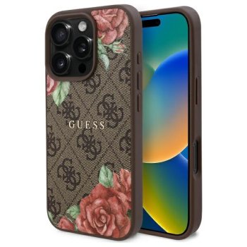 Guess 4G Flowers Print MagSafe Case for iPhone 16 Pro, Brown