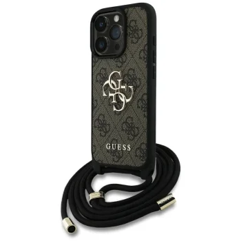 Dėklas Guess 4G Big Logo Cord Strap Crossbody skirtas iPhone 16 Pro, rudas