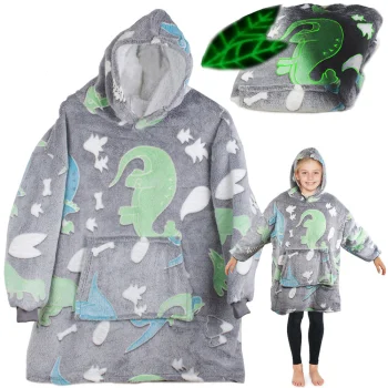 Glow in the Dark Hoodie Blanket for Kids, Oversized Wearable Sweatshirt, Grey Dinosaurs
