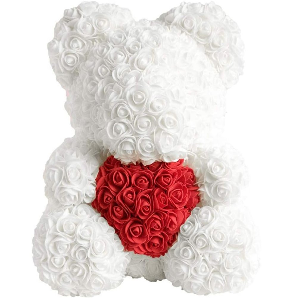 Rose Bear Teddy with Heart and LED Lights 23 cm, White & Red (3)