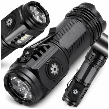 Rechargeable Tactical LED Flashlight with Magnet and Side Light, USB-C, Black