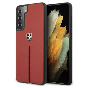 Ferrari Samsung Galaxy S21 Case Off Track Leather Nylon Stripe, Red