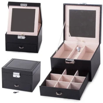 Black Eco-Leather Jewelry Box Organizer with Mirror