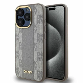 DKNY iPhone 15 Pro Max Case Leather Checkered Mono Pattern MagSafe, Beige