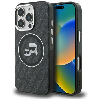 Karl Lagerfeld IML Glitter Karl & Choupette MagSafe Case for iPhone 16 Pro Max, Black