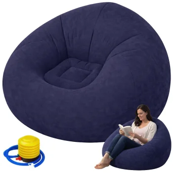 Inflatable Velour Pouf Chair, Navy Blue