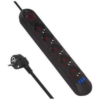 Maclean MCE395 B Power Strip, 5 Outlets + 3xUSB, 1.5m, Black