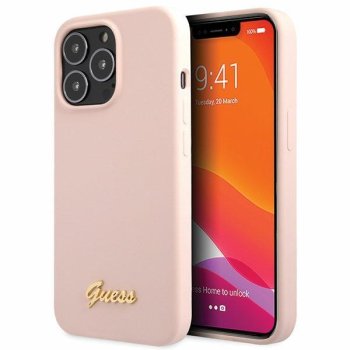 Guess iPhone 13 Pro Max Case Silicone Script Gold Logo, Light Pink