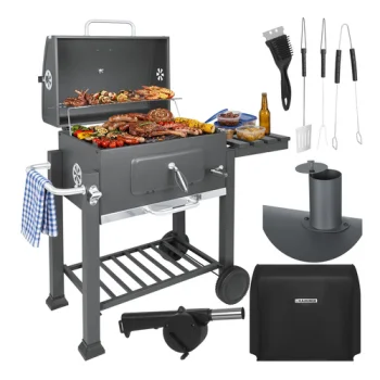 Kaminer Charcoal Grill with Lid and Cast Iron Grate, 116x55x120 cm, Black