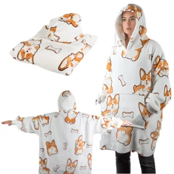 Warm Oversize Blanket Hoodie, Dog Design, White