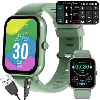Smartwatch with Silicone Strap and Bluetooth Calling, Green