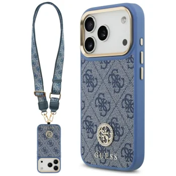 Guess 4G Strass Logo & Big Strap Metal Buttons MagSafe Case for iPhone 17 Pro, Blue