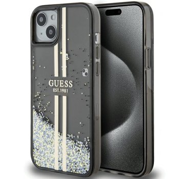 Apple iPhone 15 Plus 6.7'' Guess Liquid Glitter Gold Stripes Case Cover, Black