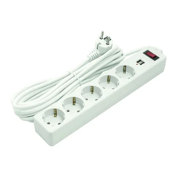 Extension cord 5m, 5 sockets, 2x USB, with switch, white