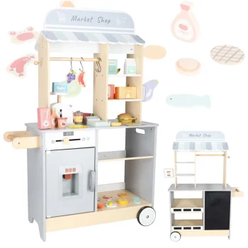 Wooden Kids Play Shop and Food Truck with Ice Maker on Wheels