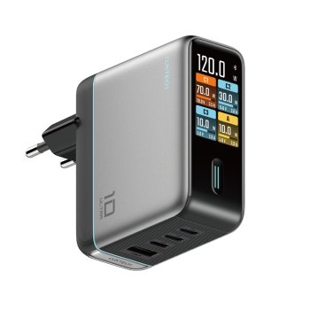 Cuktech AD1204U 120W GaN Wall Charger with Display & USB-C Cable - Silver
