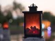 Decorative LED Fireplace Lantern with Moving Flame Effect, Black