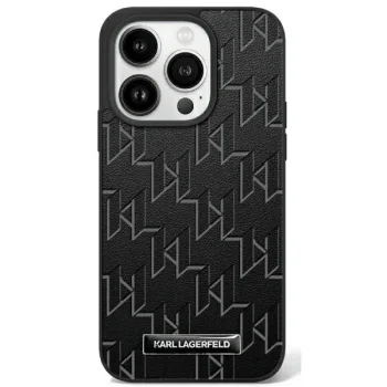Karl Lagerfeld iPhone 16 Pro Max Case Leather Monogram Metal Logo MagSafe, Black