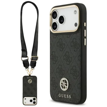 Guess 4G Strass Logo & Big Strap Metal Buttons MagSafe Case for iPhone 17 Pro Max, Black