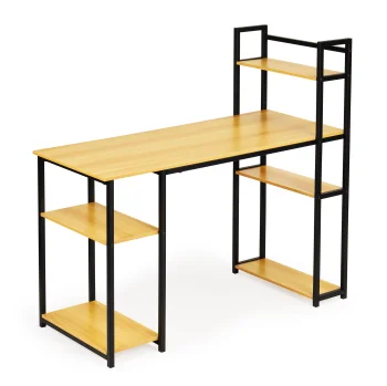 Computer desk with shelves, metal frame, ModernHome, light oak