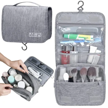 Hanging Travel Toiletry Bag Organizer with Hook and Handle, Grey
