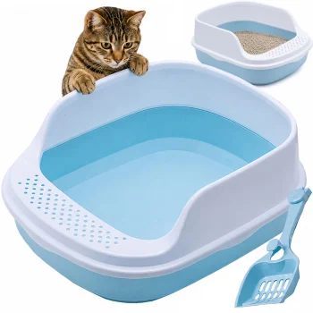 Open Cat Litter Box with Frame and Scoop, Blue (48 x 38 x 19 cm)