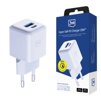 3mk Hyper GaN Charger 20W QC4+ PD PPS USB-C USB-A Wall Charger, White