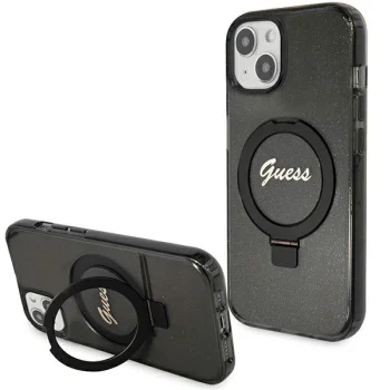 Guess iPhone 13 / 14 / 15 Case Ring Stand Script Glitter MagSafe, Black