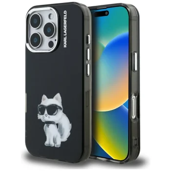 Karl Lagerfeld IML Aquarelle Choupette & Logo dėklas iPhone 16 Pro, juodas