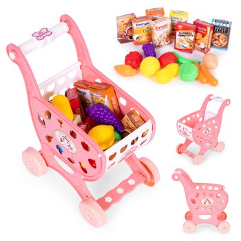 Kids Shopping Cart with 18 Piece Toy Food Grocery Playset for Toddlers, Pink